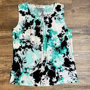 Kasper Floral Tank Top Small Aqua Black Stretch Career Casual Office Abstract